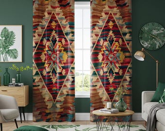 Southwestern Boho Curtains, Geometric Tribal Aztec Print Drapes, Rustic Earth Tone Window Treatment, Farmhouse Living Room Decor