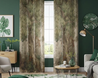 Forest Print Curtains, Woodland Tree Design Drapes, Rustic Window Treatments, Botanical Living Room Curtain Panels
