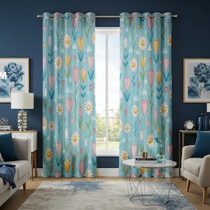 Panel de cortina floral caprichoso, lindas margaritas, tulipanes y corazones, cortinas de largo personalizado, tratamientos de ventanas para habitaciones de niños