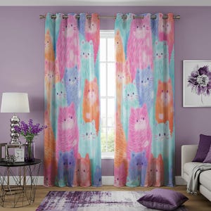 Cortina con diseño de gato pastel, diseño de gatito multicolor, longitud personalizada, para habitaciones infantiles o decoración divertida del hogar