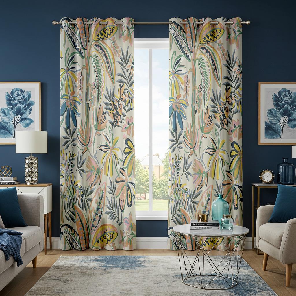 トロピカルボタニカルカーテン、柔らかくカラフルな葉と花のプリント