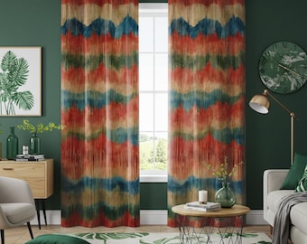 Tende rustiche in stile boho, tende con motivo a strisce multicolori e ondulate, pannelli personalizzati in tonalità terrose per soggiorno o camera da letto, tende su misura
