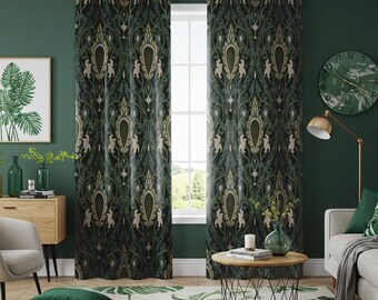 Dark Green Damask Curtains, Baroque Floral Pattern Drapes, Moody Custom Size & Heading Panels for Living Room or Bedroom