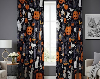 Spooky Halloween Curtains, Ghost & Pumpkin Window Drapes, Cute Witchy Cat Decor, Haunted House Room Accent, Trick or Treat Home Style
