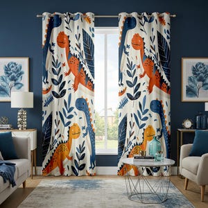 May include: Dinosaur-themed window curtains. The curtains feature a repeating pattern of orange, blue, and yellow dinosaurs with blue and green foliage on a cream background. The curtains are hung on a silver rod in front of a window.