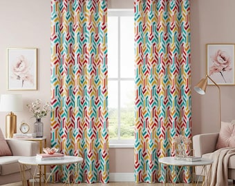 Geometric Play Curtain, Bold And Dynamic Pattern Drape, Interlocking Shapes In Vibrant Red, Teal, Yellow, White Window Treatments