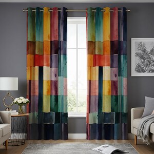 Watercolor Patchwork Boho Curtain, Vibrant Multicolored Geometric Block Design Drape image 6