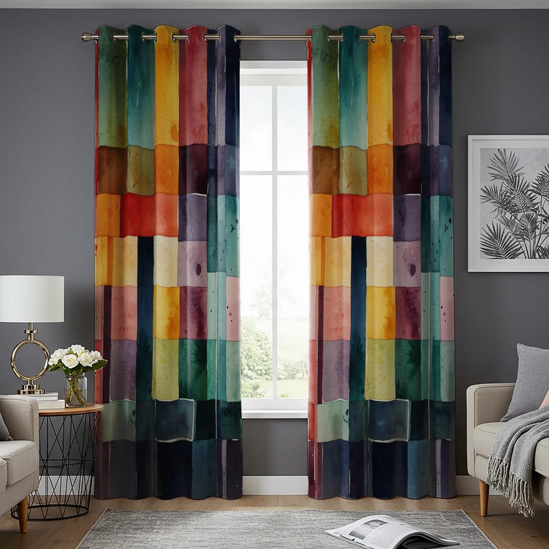 Watercolor Patchwork Boho Curtain, Vibrant Multicolored Geometric Block Design Drape image 6