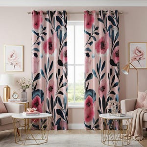 Gordijn aquarel bloemen, roze bloesem draperie met donkerblauwe bladeren, bloemenpatroon op bestelling gemaakt raamdecoratie