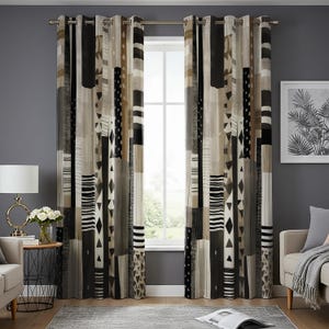 モダンなモノクロパッチワークカーテンパネル、ブラック、グレートーンの幾何学模様のドレープ、カスタムウィンドウトリートメント、現代的なホームデコレーション