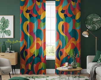 Dynamic Multicolor Curtain Panel, Vibrant Swirls of Red, Blue, Green, Yellow, and Teal Drape, Bold &Energetic Room Decor
