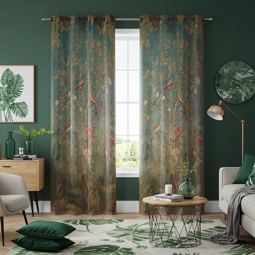 Classic Chinoiserie Bird and Floral Curtain Panel, Pastel Blue Drape, Custom Window Treatment, Classic Home Decor