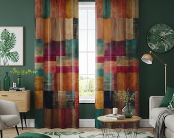 Boho Patchwork Multicolor Curtain, Rustic Classic Eyelet Drapes, Striped Geometric Window Panels, Eclectic Living Room Decor