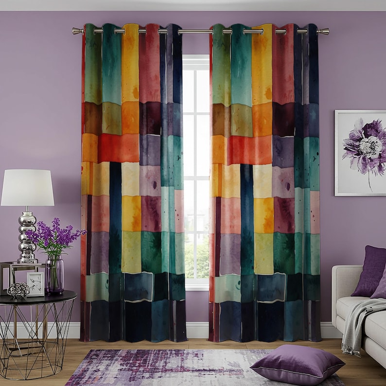Watercolor Patchwork Boho Curtain, Vibrant Multicolored Geometric Block Design Drape image 5