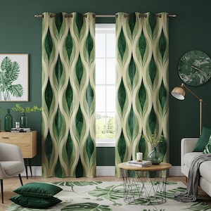 Gröna abstrakta lövgardiner, moderna botaniska draperier, olivgrön salvia fönsterpaneler, moderna vågmönstergardiner