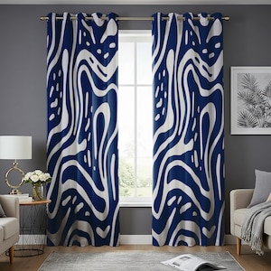Navy Blue Abstract Curtain, Contemporary Custom Drape Panel for Living Room Decor, Modern Window Treatment Design