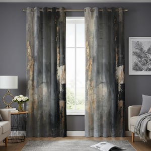 May include: Grey and beige abstract print curtains with silver eyelets. The curtains are hanging in a window with a white frame.