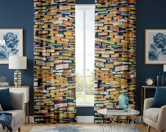 Cortinas para amantes de los libros, cortinas con estampado de libros apilados, decoración acogedora para rincón de lectura de biblioteca, panel de cortina de longitud personalizada para el hogar y la sala de estudio.