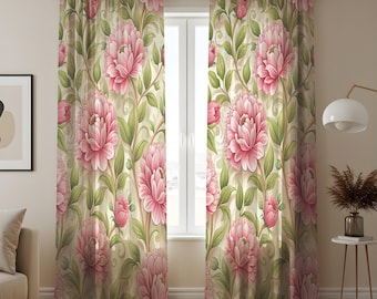 Pink Floral Curtains, Large Peony Flower Print Drapes with Green Leaves, Botanical Window Panels for Living Room