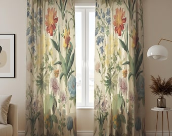 May include: Floral print curtains featuring a botanical design with colorful flowers in shades of red, yellow, blue, and purple. The curtains are cream-colored and hang in front of a window, adding a touch of nature to the room.
