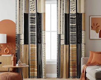 Tribal Geometrische Vorhänge, Afrikanischer Schlammdruck Drucken, Moderne Boho Fenster Panels, Schwarz Beige Tribal Dekor, Ethnische Muster Vorhang Panels