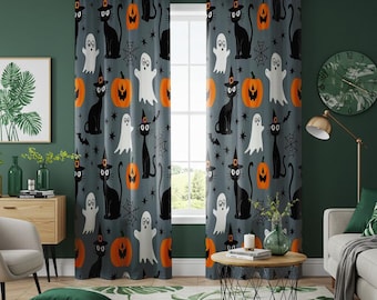 Cute Halloween Curtains, Black Cat, Ghost & Pumpkin Window Drapes, Spooky Fun Holiday Decor, Custom Length Panel for Kids Room Party Decor