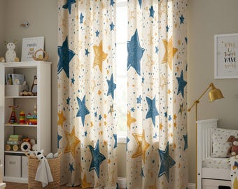 Blue Yellow Star Kids Cotton Linen Curtains, Made to Measure Semi Sheers Nursery Curtains, Fun Space Galaxy Light Filtering Window Treatment