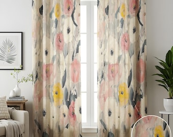 Aquarel bloemen katoenen linnen gordijnen, zachte roze en gele bloemenprint gordijnen, botanische raampanelen voor woonkamer, cottage decor