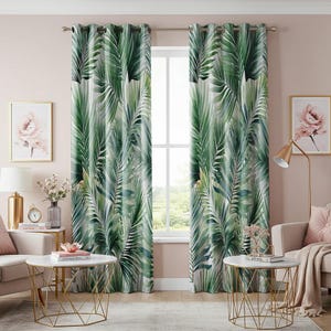 Tropical Palm Leaf Curtain Panel, Green Botanical Window Custom Lengths Drapery, Boho Jungle Living Room & Bedroom Decor