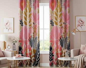 Pink Floral Curtains, Boho Botanical Window Panels, Vibrant Watercolor Flower Drapes, Blush & Gold Leaf Print, Modern Nature Inspired Decor