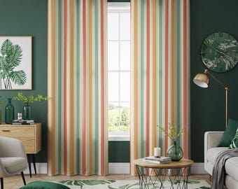 Cortinas de rayas pastel, cortinas verticales multicolor, cortinas suaves y modernas con ojales, tratamiento de ventana en rosa claro, menta y amarillo.