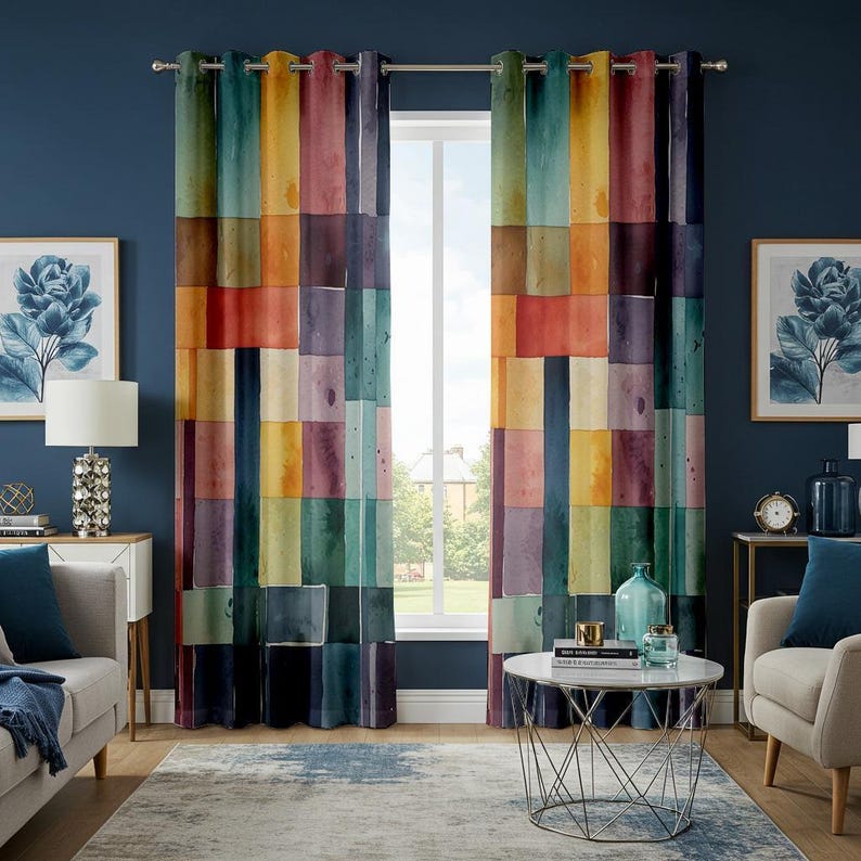 Watercolor Patchwork Boho Curtain, Vibrant Multicolored Geometric Block Design Drape image 1