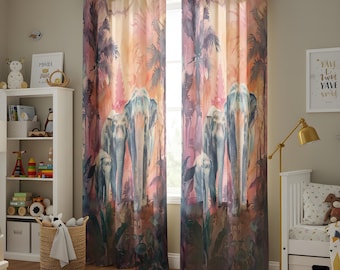Olifant safari katoenen linnen gordijnen, aquarel jungle wilde dieren print gordijnen, exotische raampanelen voor kinderkamer, decor kinderkamer