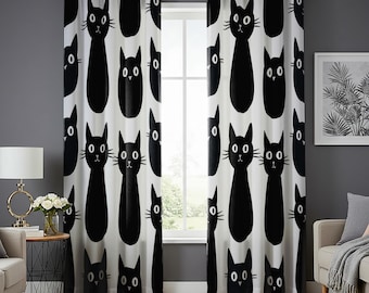 Rideaux à motif chat noir, mignons rideaux minimalistes imprimés de chats, décoration de fenêtre monochrome pour amoureux des animaux de compagnie, panneau de taille personnalisée pour chambre à coucher et salon