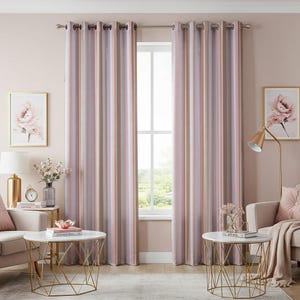 May include: A pair of pink and beige striped curtains with silver grommets hanging in a living room with a window and two side tables.