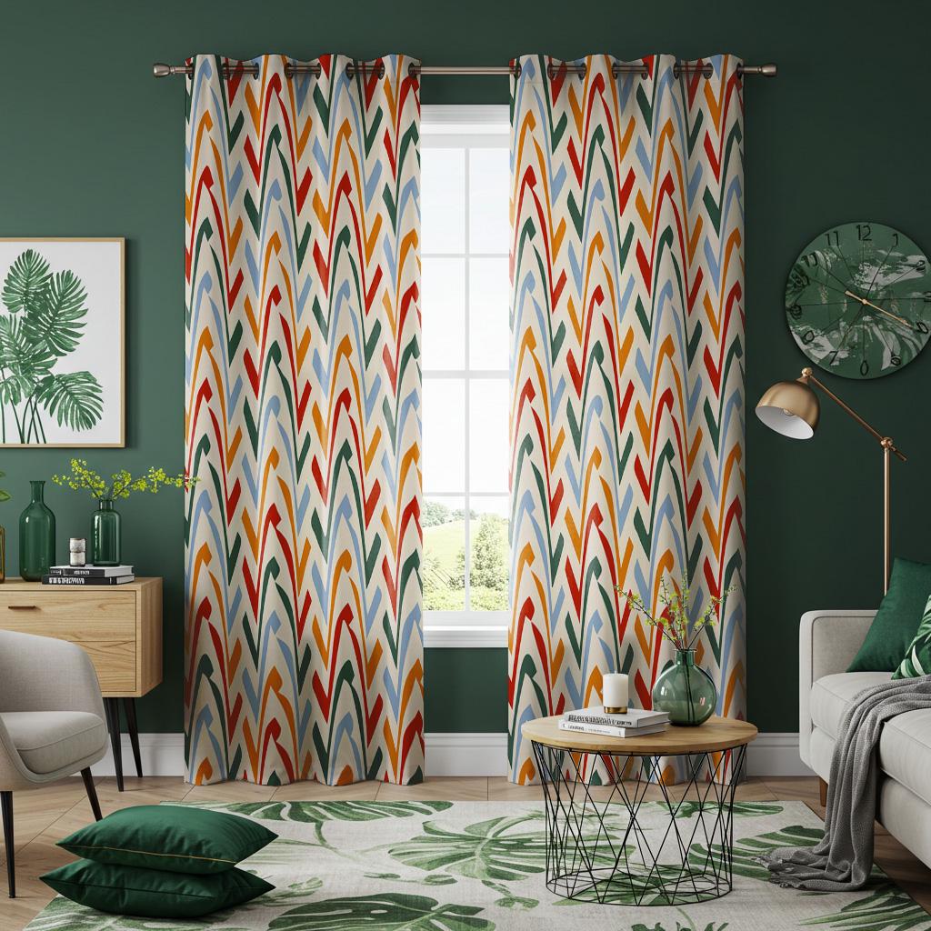 Chevron Multi-colored Curtain, Bold Zigzag Patterns Drape in Warm