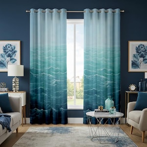 May include: Blue and green ocean wave curtains hanging from a silver rod, framing a window. The room is decorated with matching blue and white furniture and artwork, creating a cohesive coastal theme. The curtains are approximately 200 cm in length.