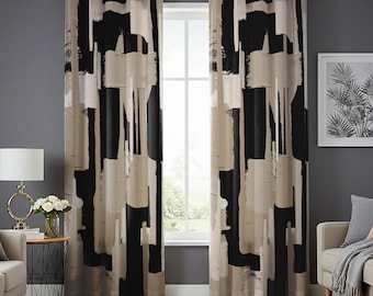 Modern Abstract Black and Beige Curtains, Minimalist Brushstroke Window Drapes, Neutral Contemporary Art Panels, Monochrome Room Decor