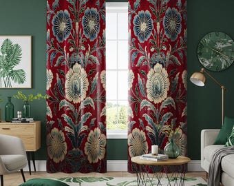 Classic Red Floral Curtains, Boho Botanical Velvet Drapes, Large Flower Window Panels for Living Room & Bedroom