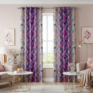 May include: A pair of purple, pink and yellow geometric patterned curtains with silver eyelets hanging in a living room with a window and furniture.