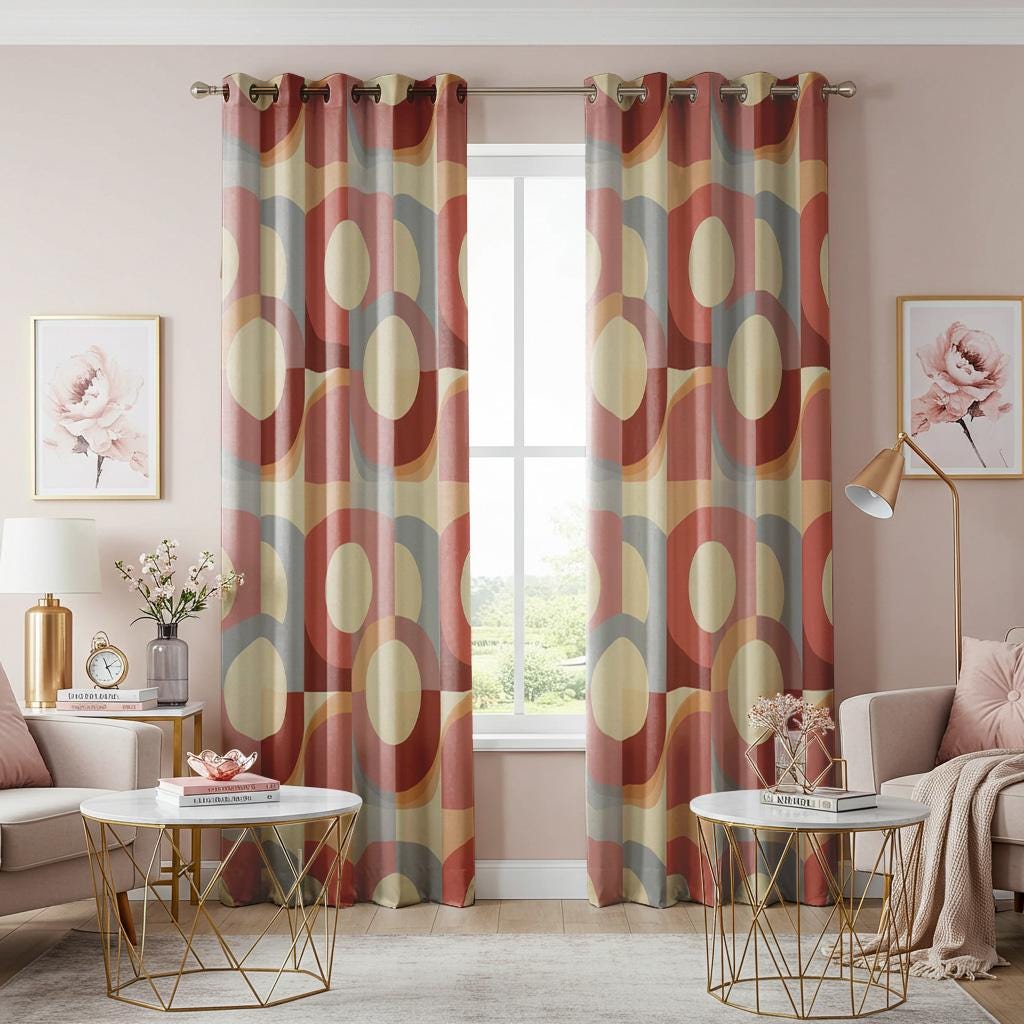 昭和レトロ　ミッドセンチュリー　カーテン　布　幾何学 レトロな幾何学模様のカーテン、ミッドセンチュリーモダンのオレンジ