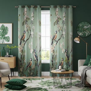 Grüne Vogel Vorhänge, botanische Zweige drapieren, ruhige Natur maßgefertigte Fensterpaneele für Schlafzimmer oder Wohnzimmer