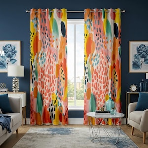 May include: A pair of colorful curtains with a geometric pattern in shades of pink, yellow, green, and blue. The curtains have a white background and are hung on a window with a white trim.