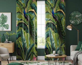 Groen tropisch pauwengordijn, exotische botanische junglegordijnen, kleurrijke vogel- en bladraampanelen, tropische woonkamerinrichting