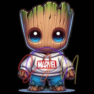 Puede incluir: Una ilustración de dibujos animados de un personaje marrón y verde que lleva una sudadera con capucha blanca con la palabra "MARVEL" en letras rojas en la parte delantera. El personaje lleva pantalones vaqueros azules y tiene grandes ojos azules.