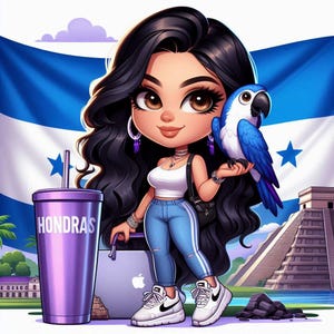 May include: Cartoon illustration of a woman with long black hair, holding a blue and white parrot. She is wearing a white top, blue jeans, and white sneakers. A purple cup with "HONDURAS" printed on it and a laptop with an Apple logo are also visible.