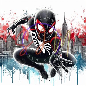 May include: Illustration of a superhero in a black and red suit, crouching in front of a cityscape. The character has a white spider emblem on the chest and red accents. The background features a skyline with red, white, and blue paint splatters.