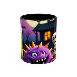 Halloween Monster Coffee Mug, Cute Skeletons and Monsters, Spooky Fall Gift, Cartoon Mug, Unique Home Decor
