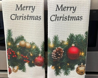 Kitchen Towels Set: Christmas Garland Waffle Weave Dish