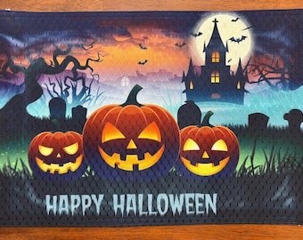 Halloween Placemat with Jack O' Lantern Design, Colorful Pumpkin Dining Mat